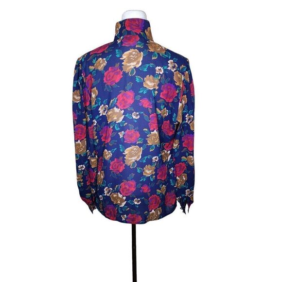 Vintage 80s High Neck Long Sleeve Pleated Floral Blouse Womens Size 12 Blue Mult - Picture 5 of 9